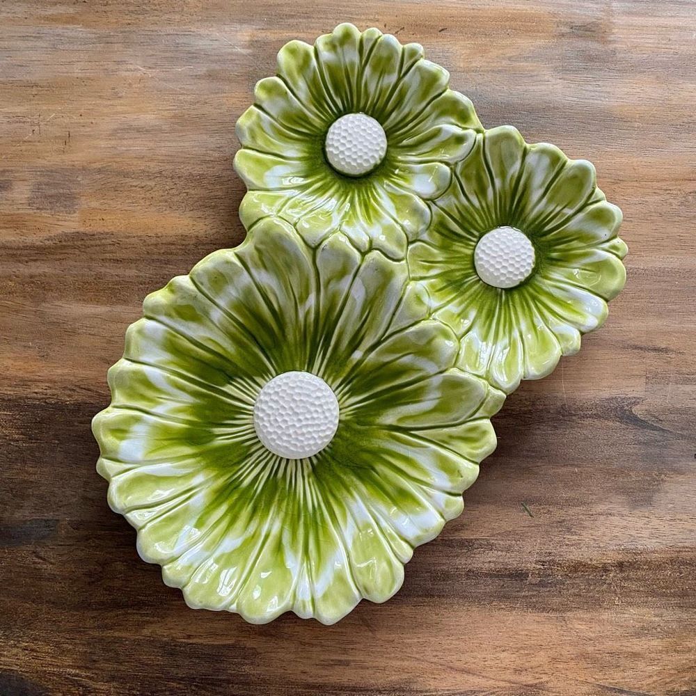 Vintage Santa Anita Green Floral Tray 3 Section Flower Plate MCM
